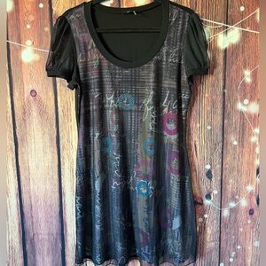 Tricotto Mesh Overlay Graphic Print Mini Dress with Rhinestone Accents Medium